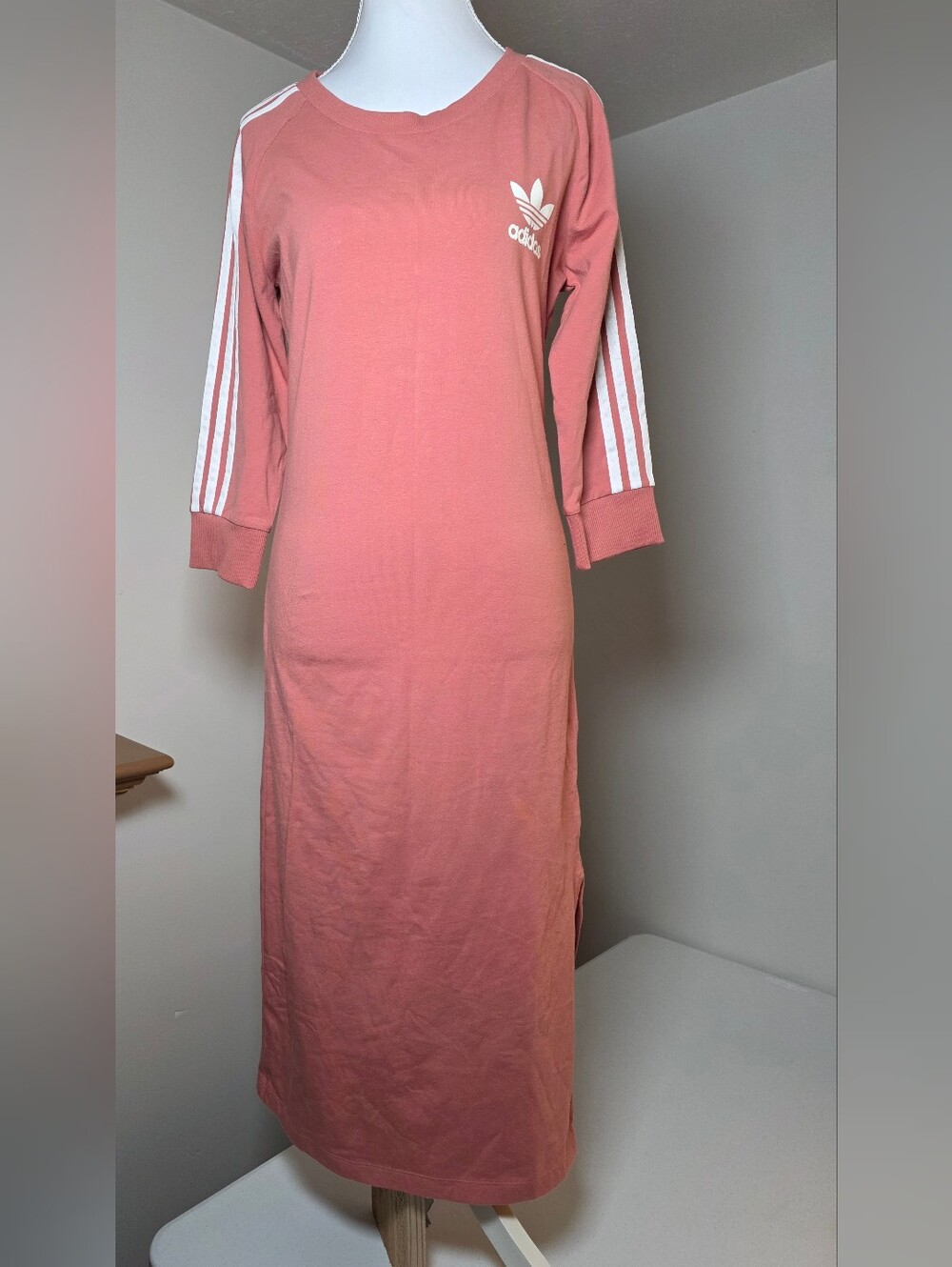 adidas Coral Long Sleeve Maxi Dress with White Stripes